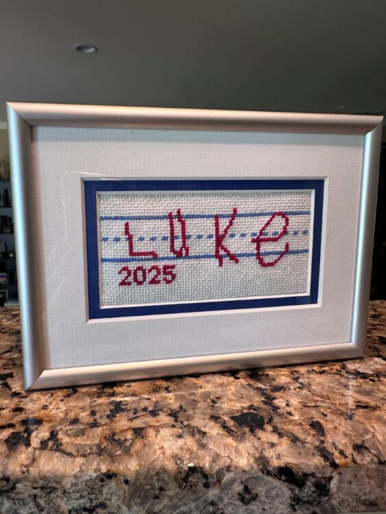 Kristi Seagraves | Needlepoint of Grandsons Name in his Handwriting